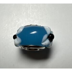 925 Sterling Silver Blue Murano Glass White Flowers Round Bead Charm